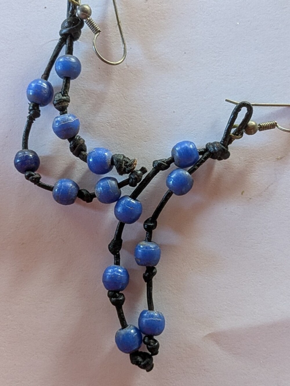 Handmade Earrings, Black Leather And African Trade Beads, Knotted